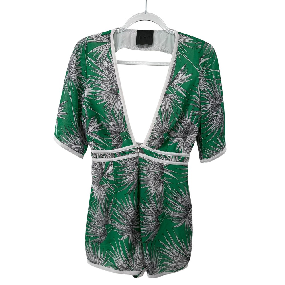 Nightwalker Sexy Tropical Palm Leaf Print Romper Green White Deep V Open Back S